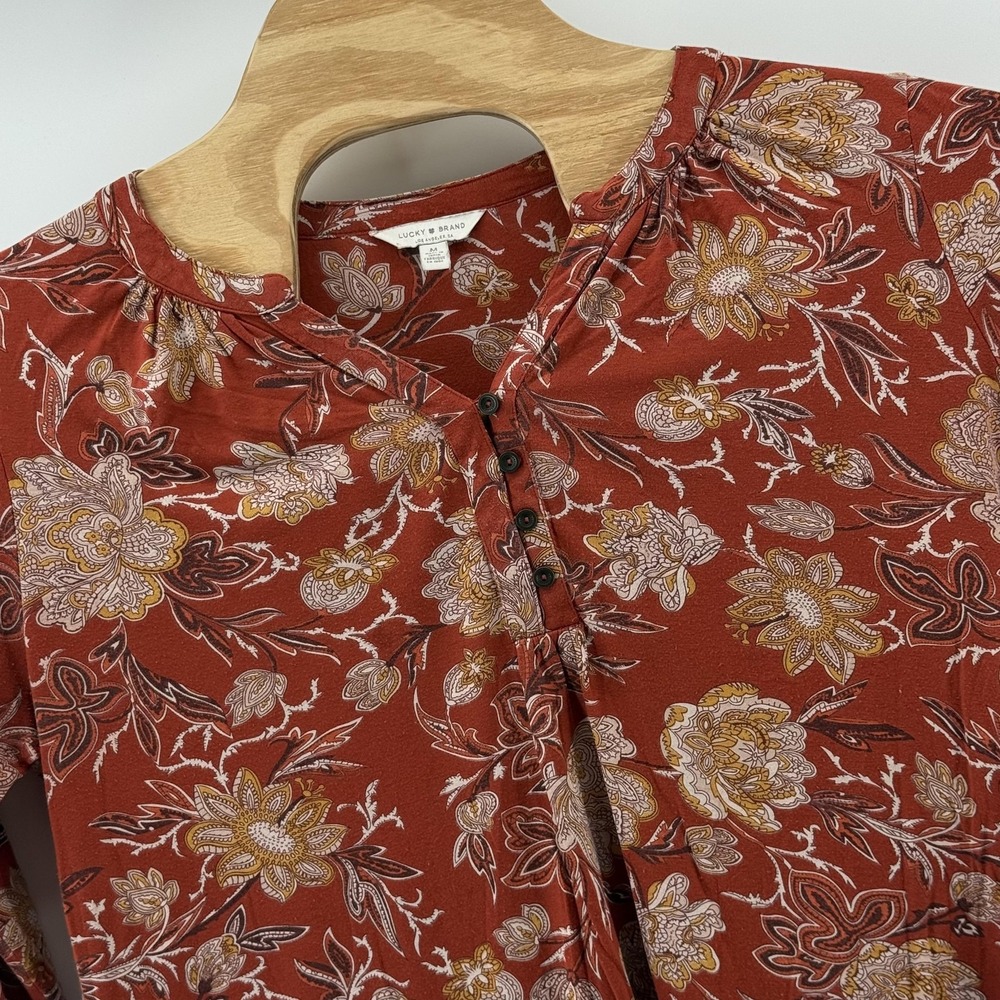 Lucky‎ Brand Shirt Medium Floral Boho Festival Tunic Blouse 3/4 Sleeve Earthy